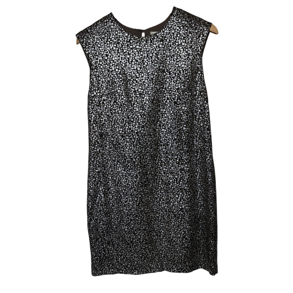 Twelfth Street Cynthia Vincent Black & Metallic Silver Shift Dress S Wool Silk